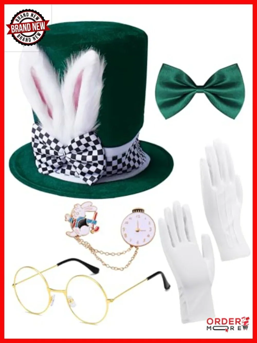 White Rabbit Costume Hat with Ears, Bow Tie, Gloves, Glasses, Brooch Set for
